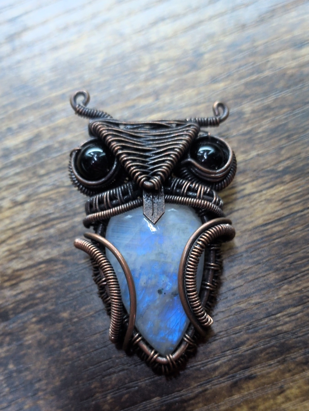 Handcrafted Copper Wire Owl Pendant with Blue Moonstone
